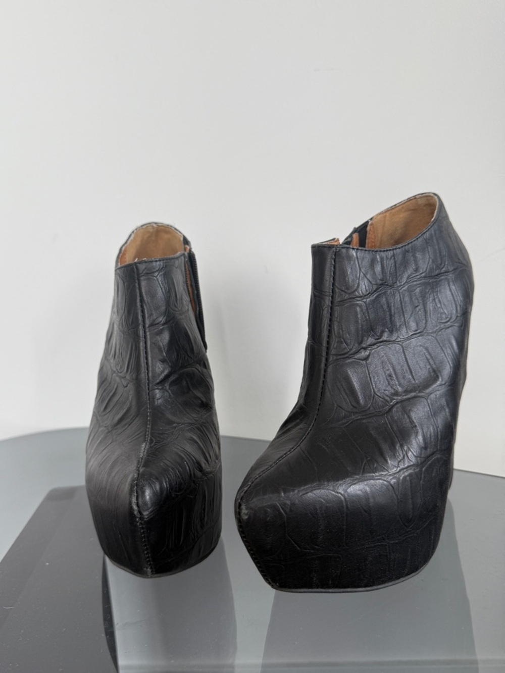 Alligator embossed leather wedge booties
